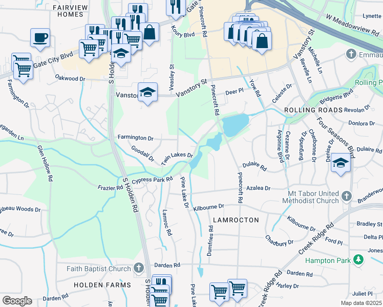 map of restaurants, bars, coffee shops, grocery stores, and more near 2900 Twin Lakes Drive in Greensboro