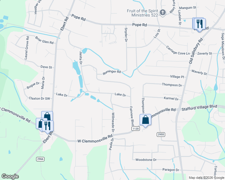 map of restaurants, bars, coffee shops, grocery stores, and more near 1854 Lake Drive in Winston-Salem