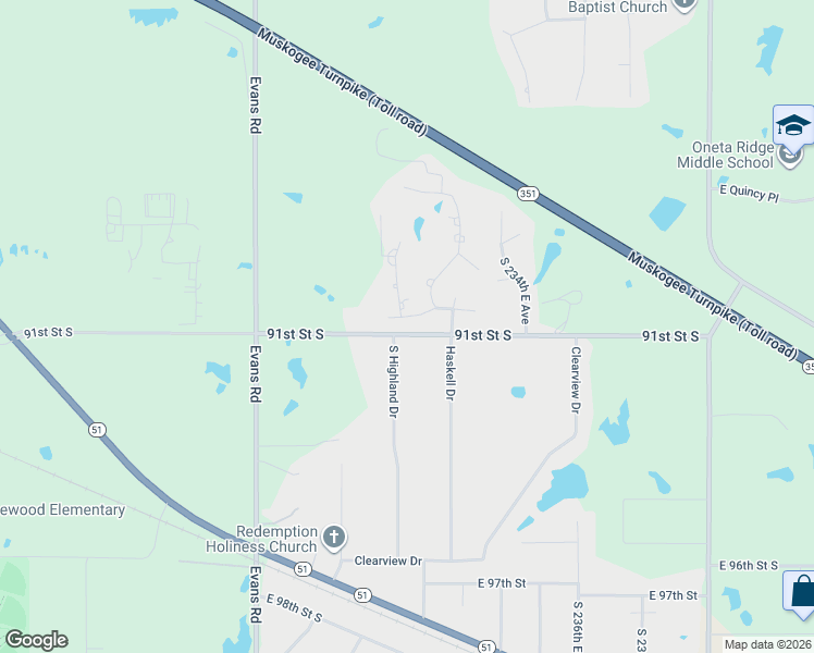 map of restaurants, bars, coffee shops, grocery stores, and more near 9101 South Highland Drive in Broken Arrow