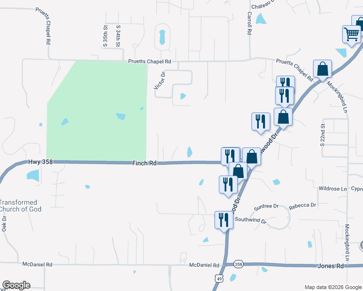 map of restaurants, bars, coffee shops, grocery stores, and more near 3101 Finch Road in Paragould