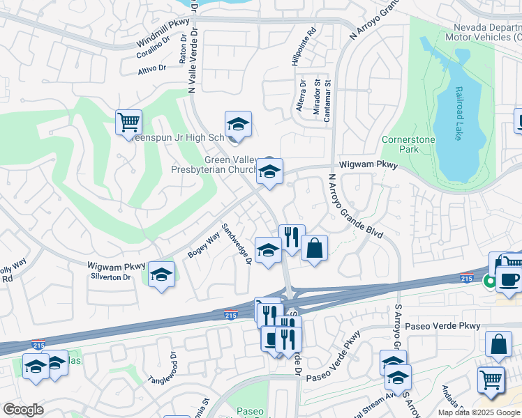 map of restaurants, bars, coffee shops, grocery stores, and more near 75 North Valle Verde Drive in Henderson