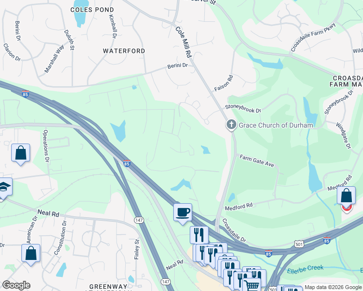 map of restaurants, bars, coffee shops, grocery stores, and more near 1117 Basalt Court in Durham