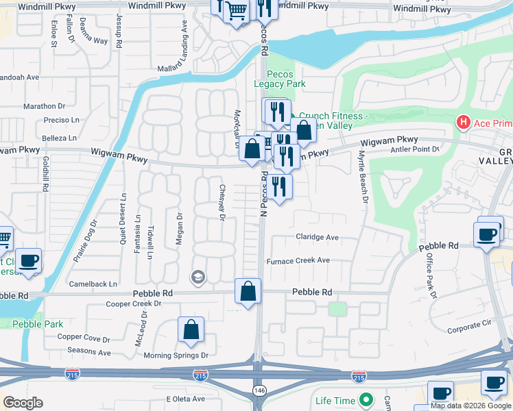 map of restaurants, bars, coffee shops, grocery stores, and more near 2609 Ponderosa Pine Avenue in Henderson