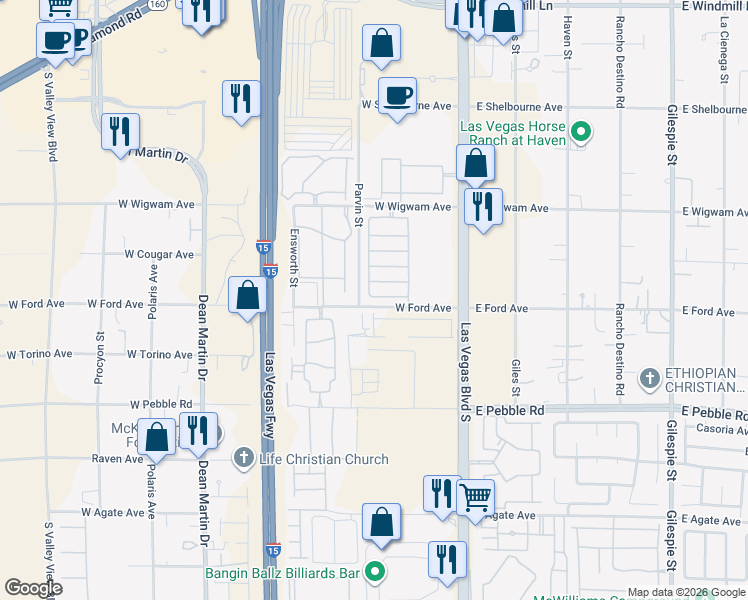 map of restaurants, bars, coffee shops, grocery stores, and more near 1771-2499 West Ford Avenue in Las Vegas