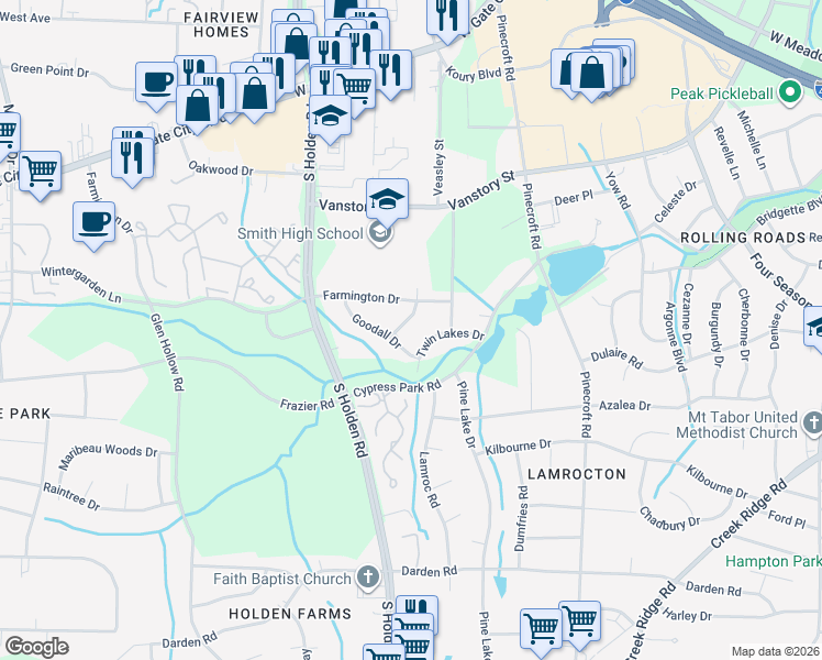 map of restaurants, bars, coffee shops, grocery stores, and more near 3007 Goodall Drive in Greensboro