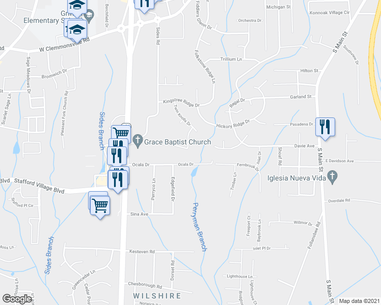 map of restaurants, bars, coffee shops, grocery stores, and more near 565 Ocala Drive in Winston-Salem