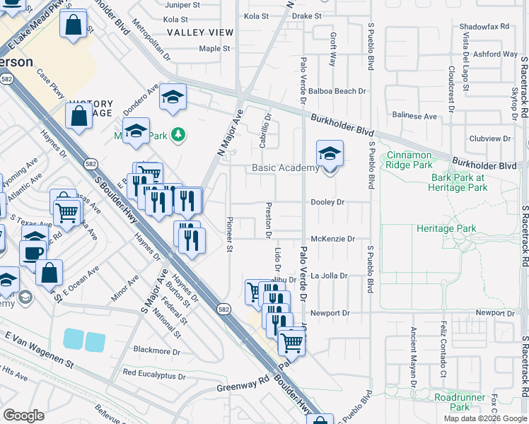 map of restaurants, bars, coffee shops, grocery stores, and more near 371 Preston Drive in Henderson