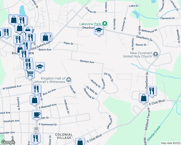 map of restaurants, bars, coffee shops, grocery stores, and more near 803 Da Vinci Street in Durham