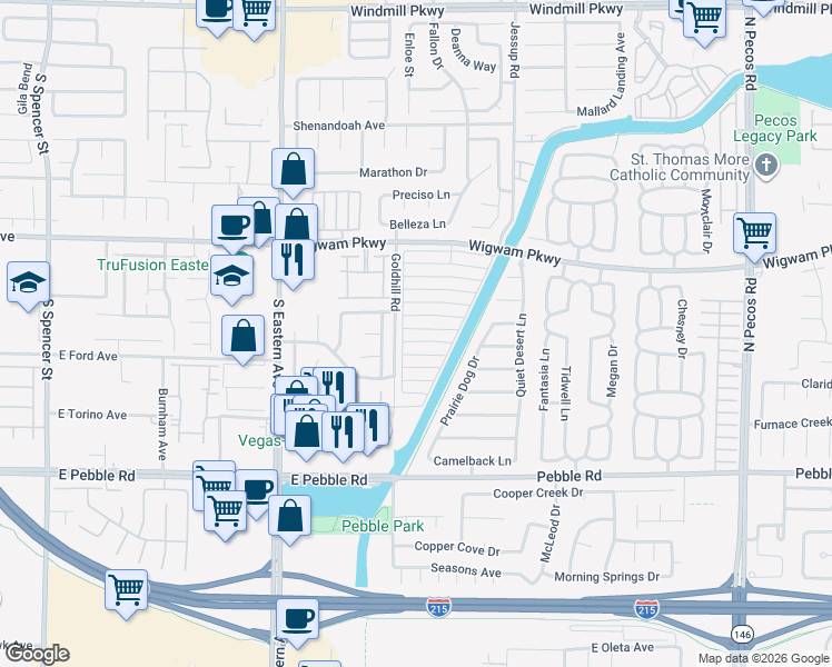 map of restaurants, bars, coffee shops, grocery stores, and more near 2837 Yukon Trail Drive in Henderson