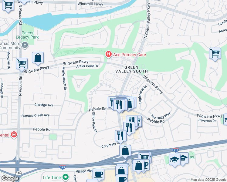 map of restaurants, bars, coffee shops, grocery stores, and more near 2223 Ramsgate Drive in Henderson