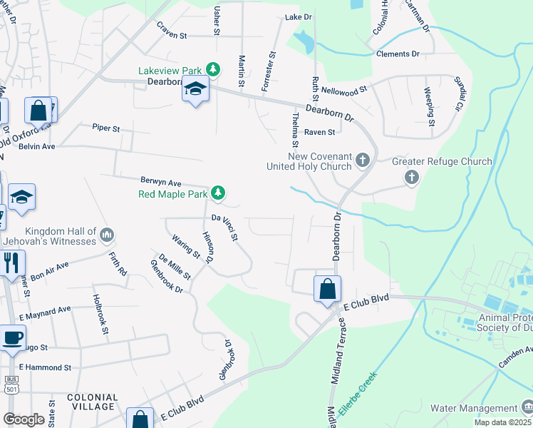 map of restaurants, bars, coffee shops, grocery stores, and more near 1201 Orchard Way in Durham