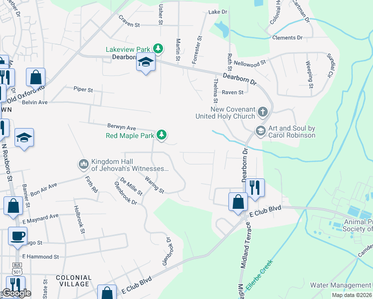map of restaurants, bars, coffee shops, grocery stores, and more near 1102 Pecan Place in Durham