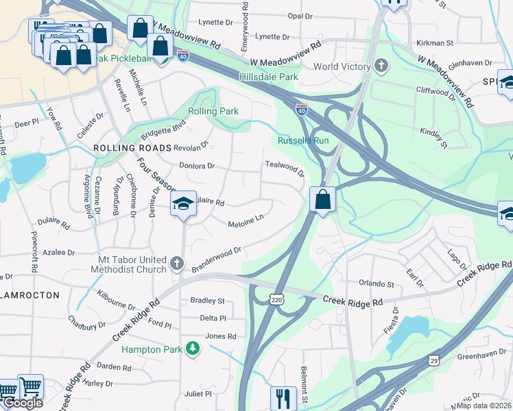 map of restaurants, bars, coffee shops, grocery stores, and more near 2210 Meloine Lane in Greensboro