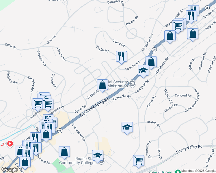 map of restaurants, bars, coffee shops, grocery stores, and more near 114 Townsend Road in Oak Ridge