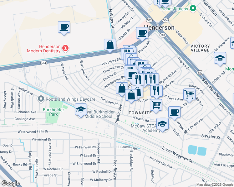 map of restaurants, bars, coffee shops, grocery stores, and more near 214 West Atlantic Avenue in Henderson