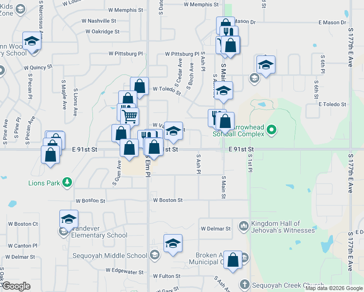 map of restaurants, bars, coffee shops, grocery stores, and more near 1821 South Cedar Avenue in Broken Arrow