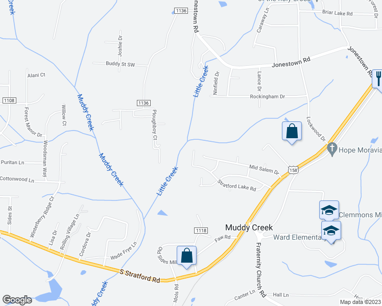 map of restaurants, bars, coffee shops, grocery stores, and more near 2620 Stratford Lake Road in Winston-Salem