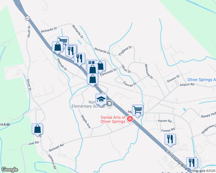 map of restaurants, bars, coffee shops, grocery stores, and more near 800 East Tri County Boulevard in Oliver Springs