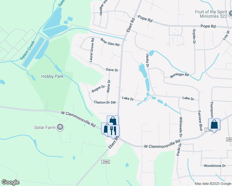 map of restaurants, bars, coffee shops, grocery stores, and more near 4070 Ebert Road in Winston-Salem