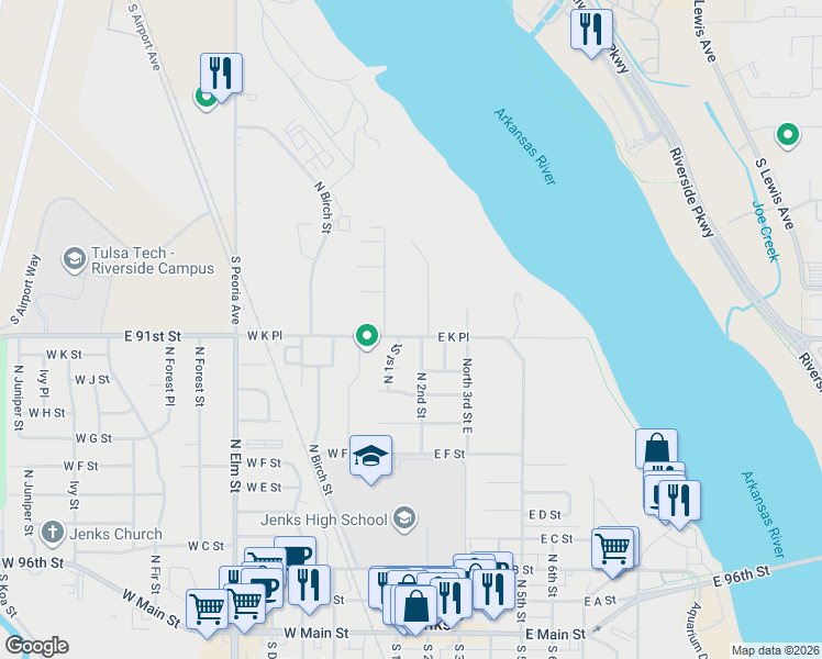 map of restaurants, bars, coffee shops, grocery stores, and more near 1017 North 2nd Street in Jenks