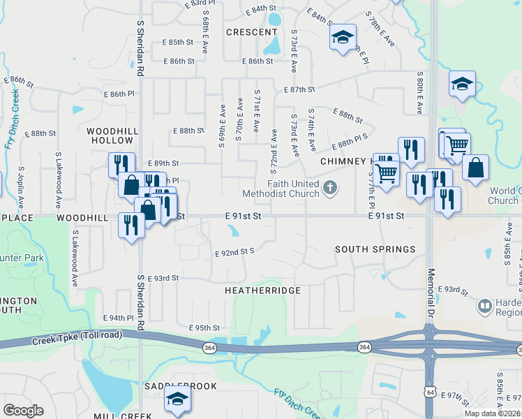 map of restaurants, bars, coffee shops, grocery stores, and more near 7121 East 91st Place in Tulsa