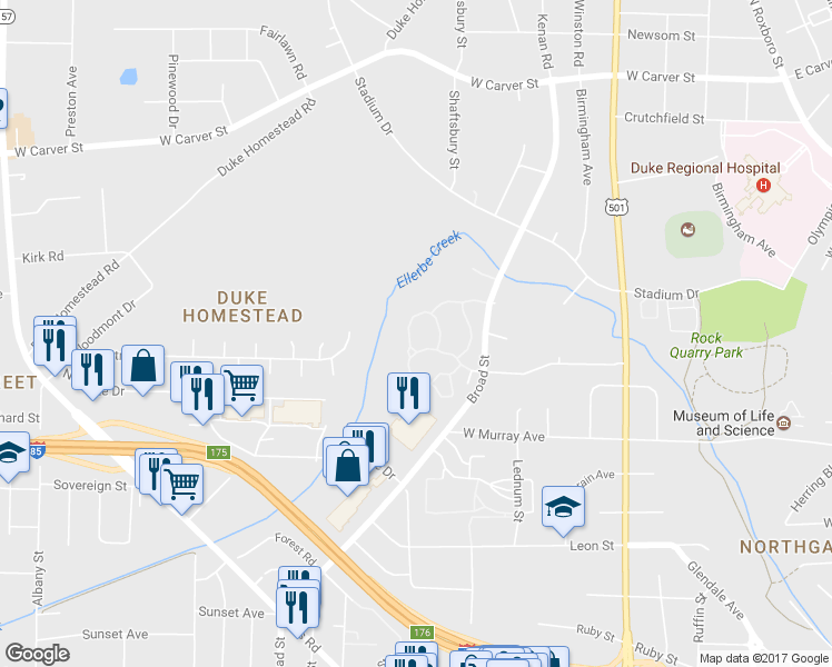 map of restaurants, bars, coffee shops, grocery stores, and more near 235 Erlwood Way in Durham