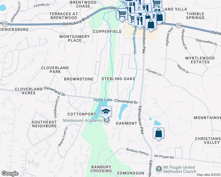 map of restaurants, bars, coffee shops, grocery stores, and more near 128 Sterling Oaks Court in Brentwood