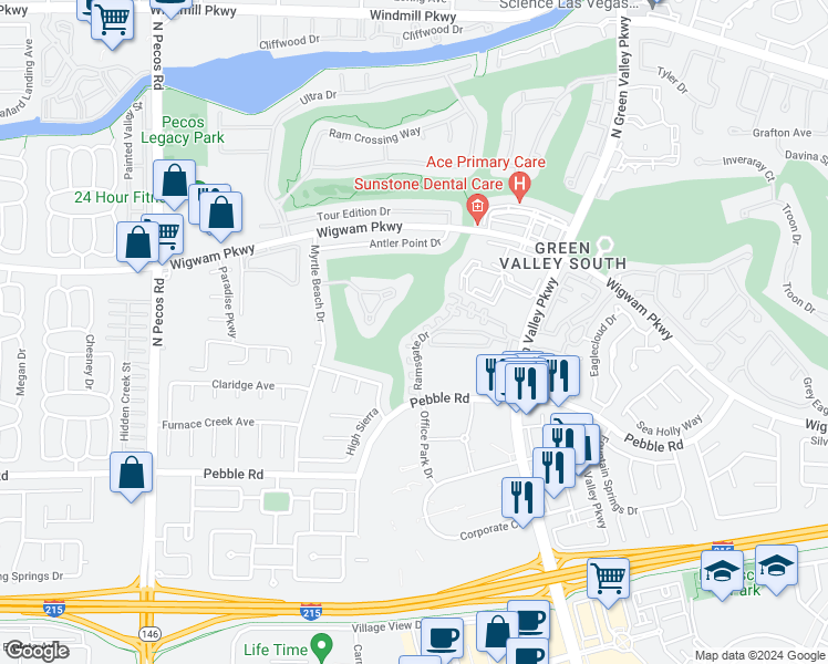 map of restaurants, bars, coffee shops, grocery stores, and more near 2316 Ramsgate Drive in Henderson