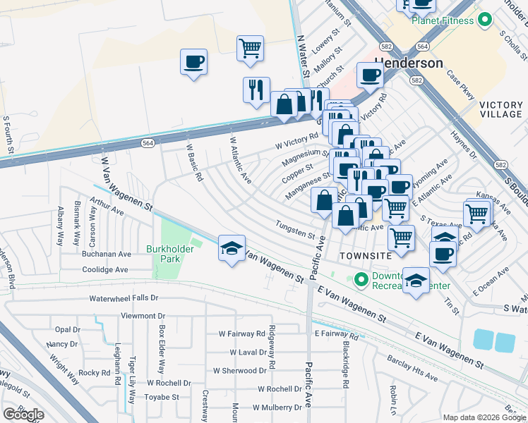 map of restaurants, bars, coffee shops, grocery stores, and more near 255 Tungsten Street in Henderson