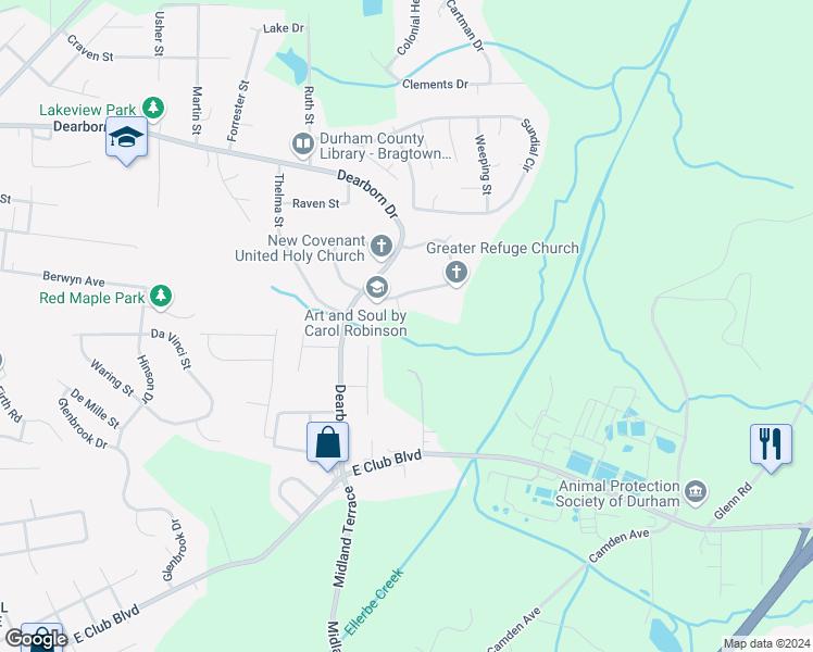 map of restaurants, bars, coffee shops, grocery stores, and more near 1420 Maplewood Drive in Durham