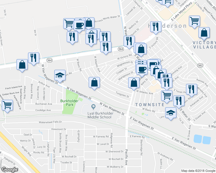 map of restaurants, bars, coffee shops, grocery stores, and more near 255 Tungsten Street in Henderson