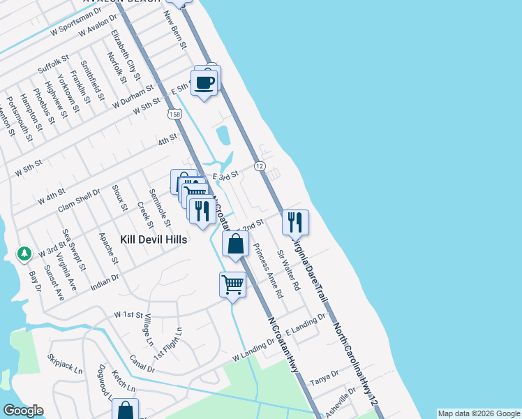 map of restaurants, bars, coffee shops, grocery stores, and more near 1637 Sir Walter Rd in Kill Devil Hills