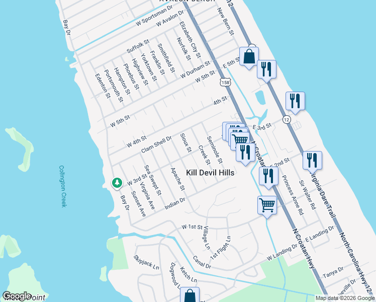 map of restaurants, bars, coffee shops, grocery stores, and more near 605 West 3rd Street in Kill Devil Hills