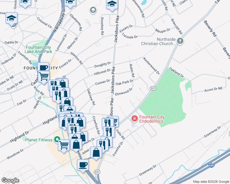 map of restaurants, bars, coffee shops, grocery stores, and more near 5018 Jacksboro Pike in Knoxville
