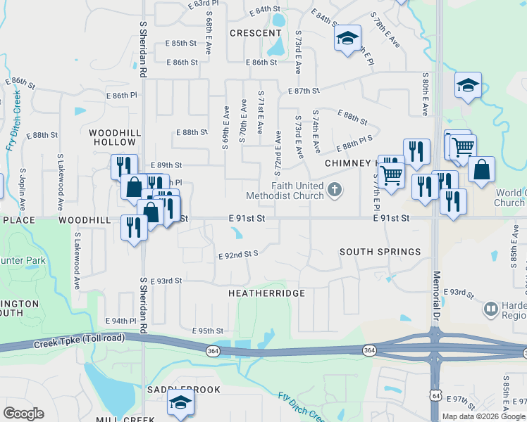 map of restaurants, bars, coffee shops, grocery stores, and more near 7121 East 91st Place in Tulsa