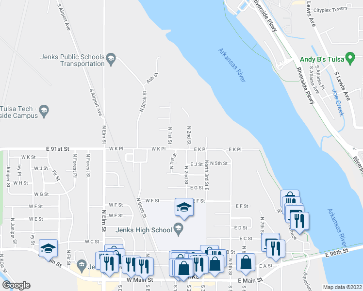 map of restaurants, bars, coffee shops, grocery stores, and more near 1017 North 2nd Street in Jenks