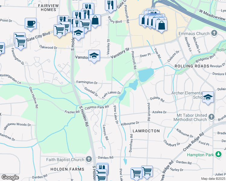 map of restaurants, bars, coffee shops, grocery stores, and more near 2407 Veasley Street in Greensboro