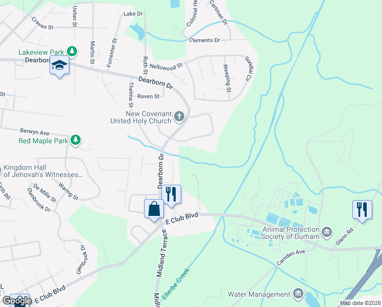 map of restaurants, bars, coffee shops, grocery stores, and more near 1420 Maplewood Drive in Durham
