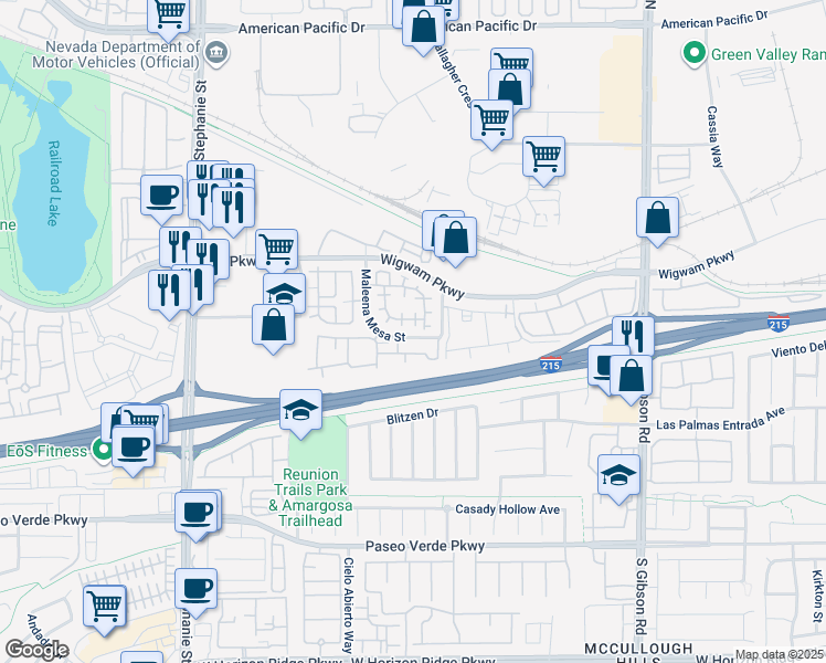 map of restaurants, bars, coffee shops, grocery stores, and more near 53 Puerto Viejo Trail in Henderson