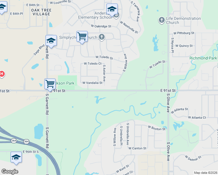 map of restaurants, bars, coffee shops, grocery stores, and more near 3601 East 91st Street in Broken Arrow