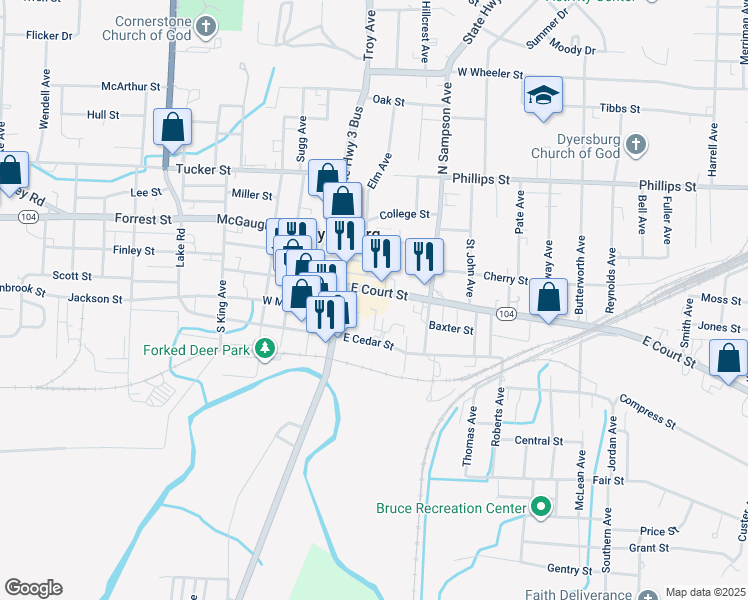 map of restaurants, bars, coffee shops, grocery stores, and more near 211 East Court Street in Dyersburg