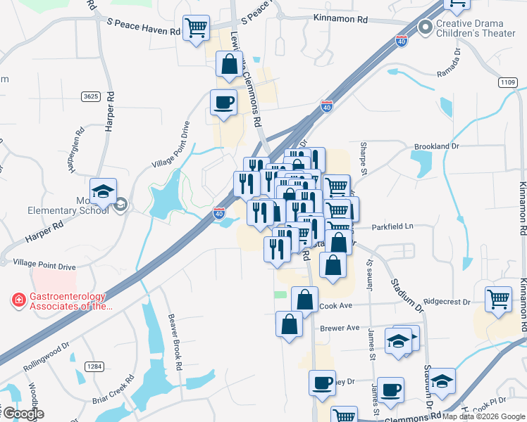 map of restaurants, bars, coffee shops, grocery stores, and more near 6421 Sessions Court in Clemmons