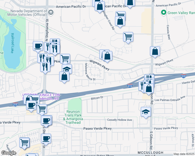 map of restaurants, bars, coffee shops, grocery stores, and more near 53 Puerto Viejo Trail in Henderson
