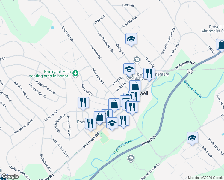 map of restaurants, bars, coffee shops, grocery stores, and more near 7707 Brickyard Road in Powell