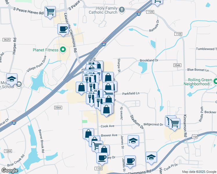 map of restaurants, bars, coffee shops, grocery stores, and more near 2455 Lewisville Clemmons Road in Clemmons