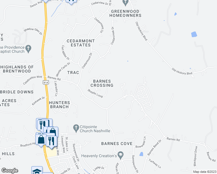 map of restaurants, bars, coffee shops, grocery stores, and more near 1984 Shaylin Loop in Nashville