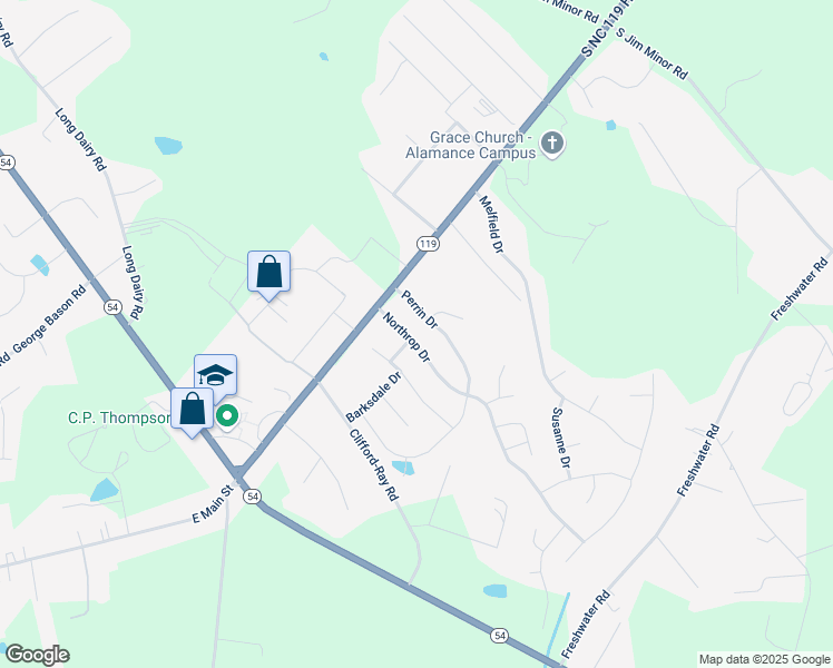 map of restaurants, bars, coffee shops, grocery stores, and more near 3768 Northrop Drive in Haw River