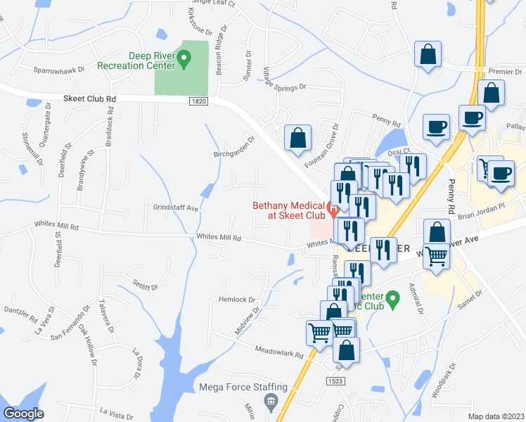 map of restaurants, bars, coffee shops, grocery stores, and more near 1702 Plateau Court in High Point