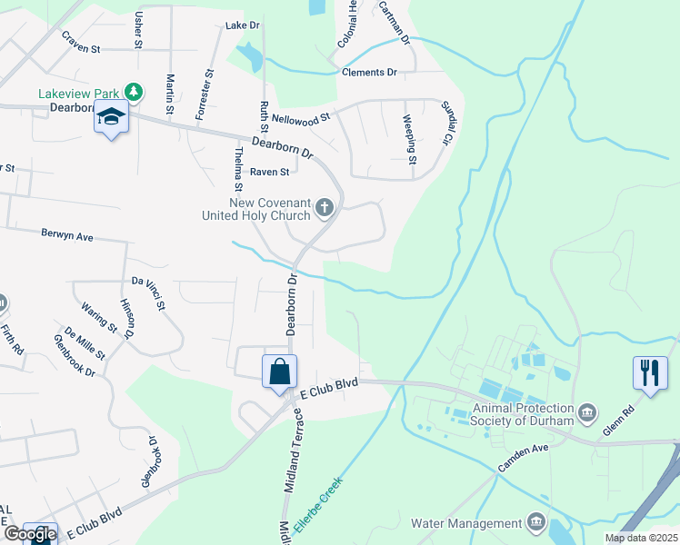 map of restaurants, bars, coffee shops, grocery stores, and more near 1418 Maplewood Drive in Durham