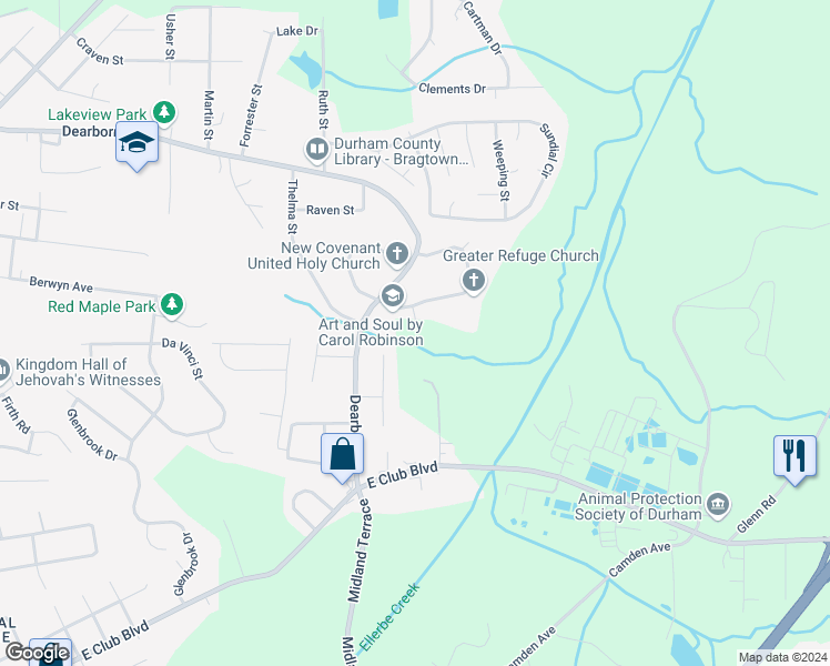 map of restaurants, bars, coffee shops, grocery stores, and more near 1418 Maplewood Drive in Durham